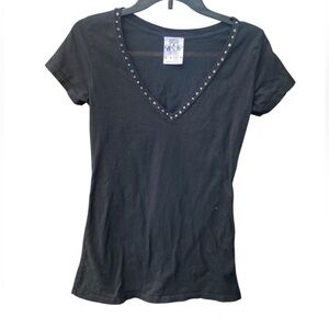 Royal Plush Black Rhinestone V Neck Tee - L